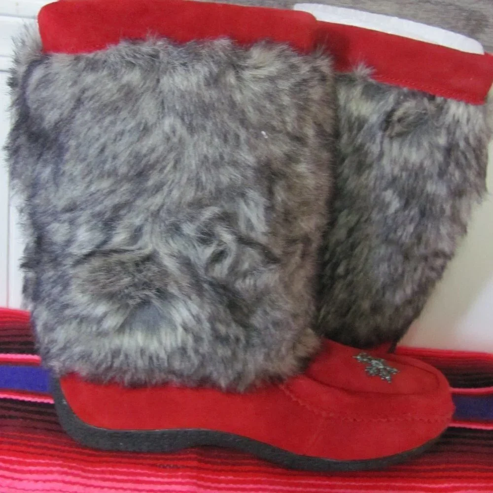 BARBO BOOTS LADIES FAUX SUEDE & FAUX FUR BOOT RED & BLACK